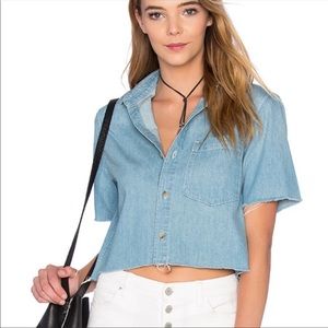 MOTHER Blue Denim The Frenchie Crop Button Down Top
